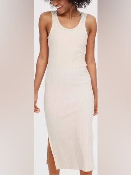 Aerie Ribbed Scoop Midi Dress - Beige/ Cream
